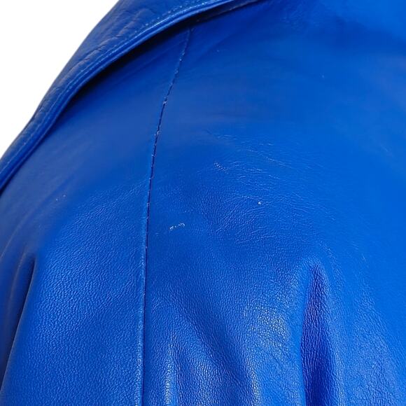 80s Retro Blue Leather Blazer Jacket Vintage Size L - Picture 14 of 16